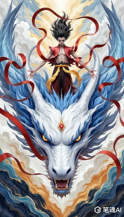 成人哪吒飞龙手绘插画