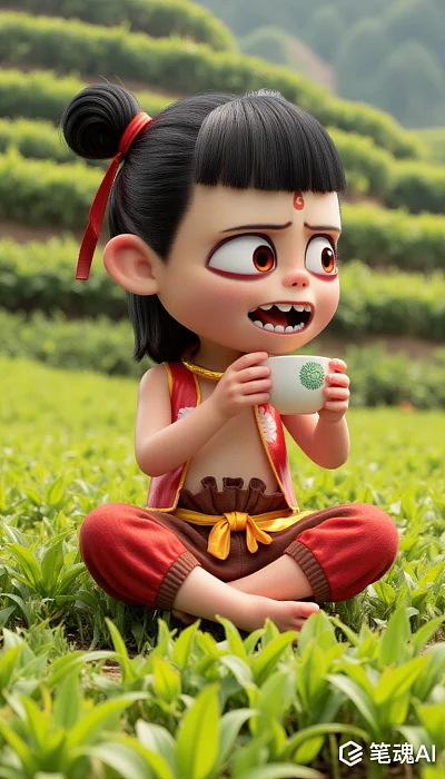 可爱小哪吒茶田绿茶田园风光