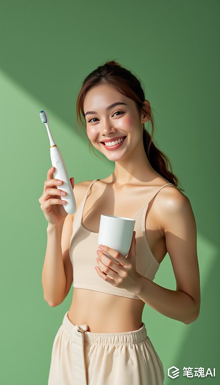 美女手持电动牙刷水杯全身照