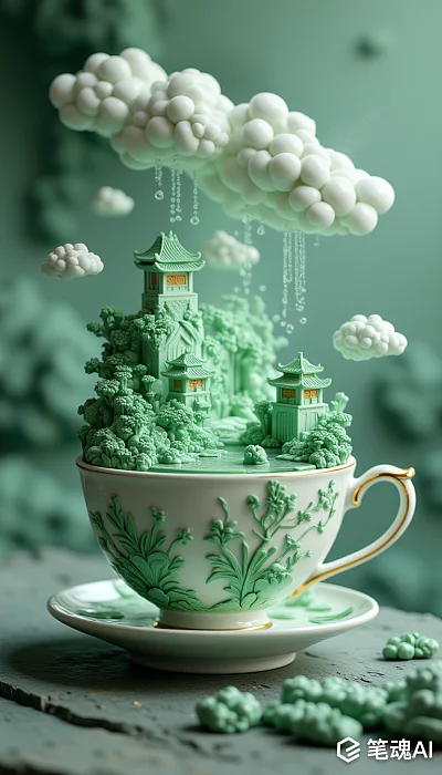 茶杯上漂浮的玉质绿色风景3D浮雕插图