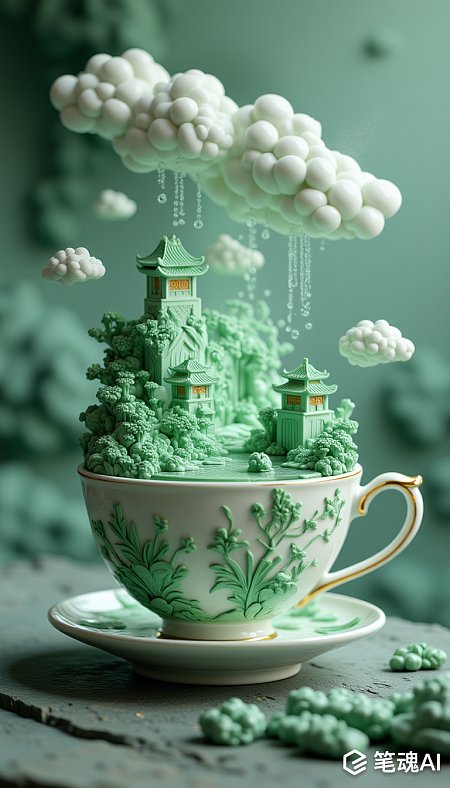 茶杯上漂浮的玉质绿色风景3D浮雕插图