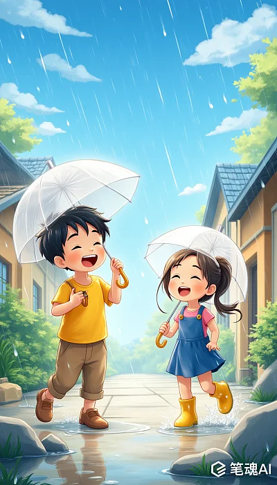 儿童插画风格雨天户外场景高品质4K