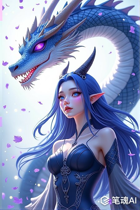 3D魔幻插画敖闰蓝发黑龙女性