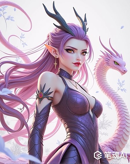 3D超写实粉紫色长发女龙精灵
