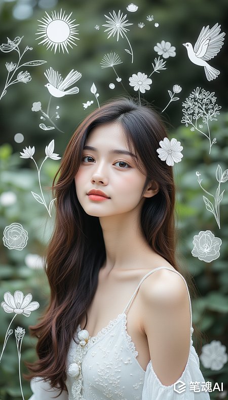 20岁亚洲美女白色连衣裙户外写实涂鸦梦幻风景
