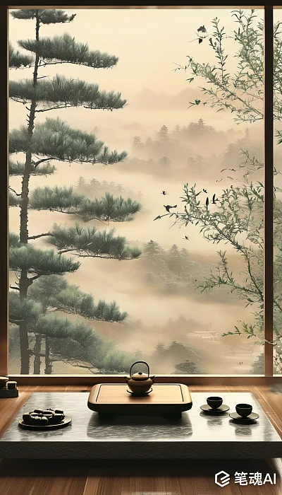 元代文人画风格清明节古寺庭院摄影作品