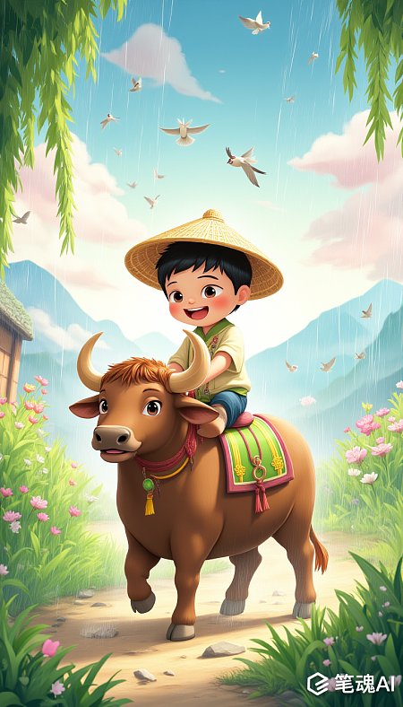 春日乡村卡通插画清明场景