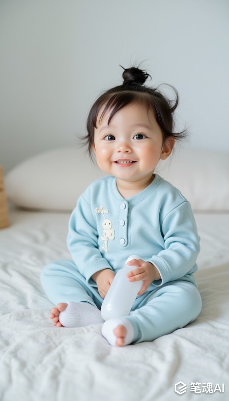 中国可爱婴儿床上浅蓝衣服拿着奶瓶