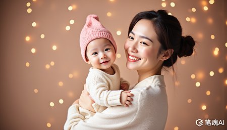 快乐中国母亲抱婴儿背景模糊