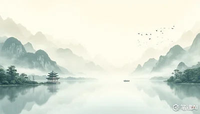 中国传统水墨画风格宁静悠远山水超高清8k大师作品