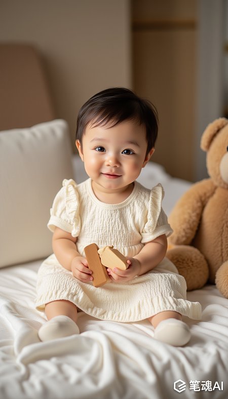温馨婴儿与泰迪熊的欢乐时光