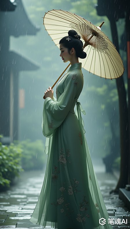 柔美女子雨中油纸伞静谧氛围摄影