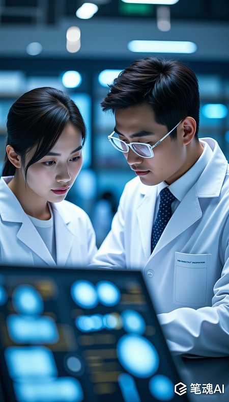 蓝光实验室中两位科学家专注研究