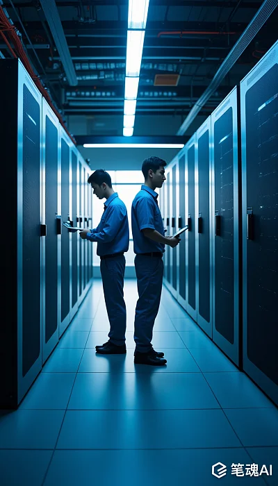 蓝色灯光下的数据中心工程师检查服务器设备