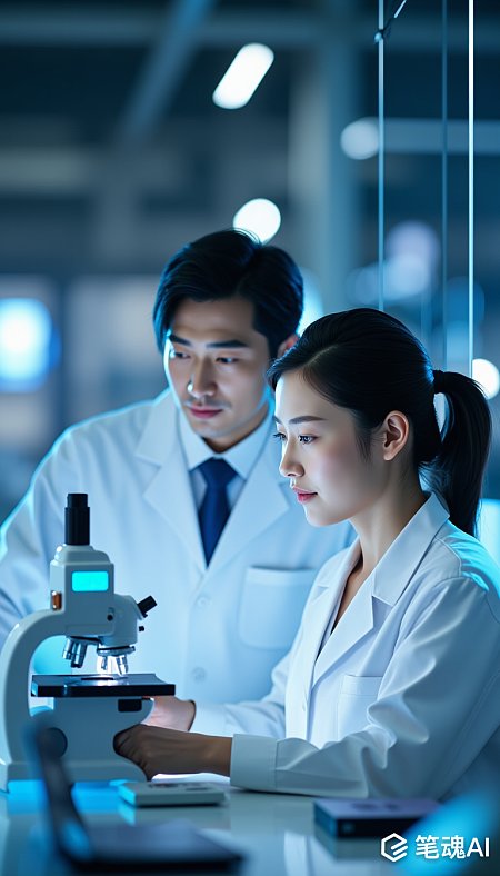 蓝色实验室中两位科学家专注研究显微镜