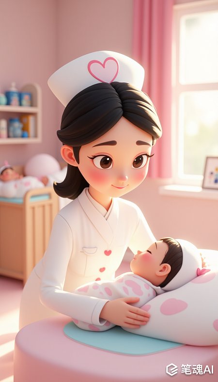 3D广角OC渲染皮克斯风格亚洲护士婴儿护理