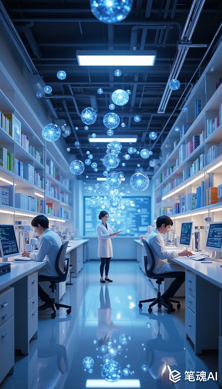 蓝色灯光下的实验室充满未来科技感
