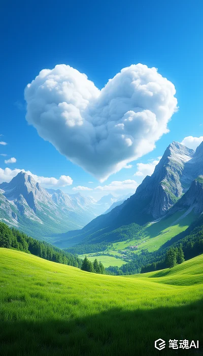 半山腰山谷白色爱心云摄影