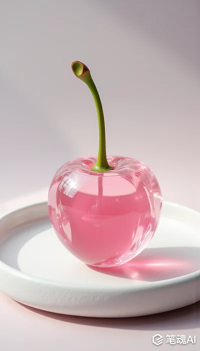 透明粉红水晶樱桃绿茎摆盘摄影