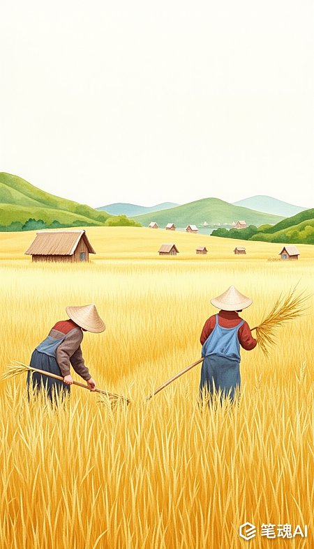金黄色麦田中农民戴着斗笠收割稻谷风景画