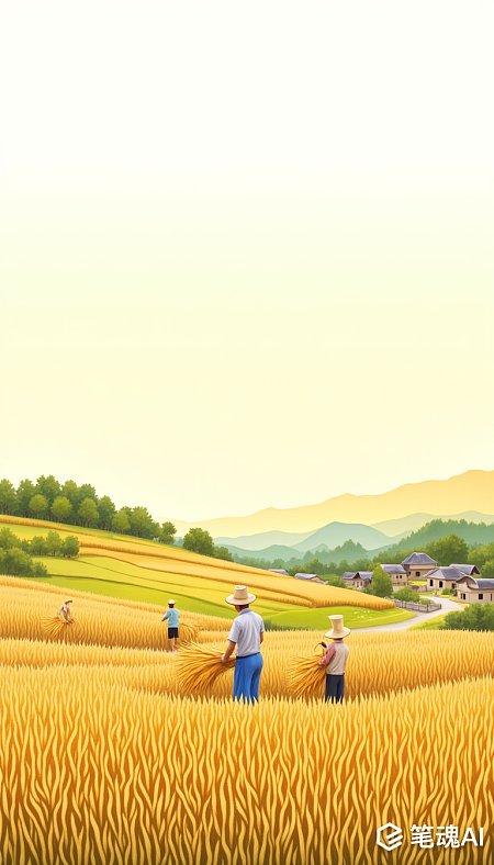 金色麦田中农民收割景象宁静和谐写实风格