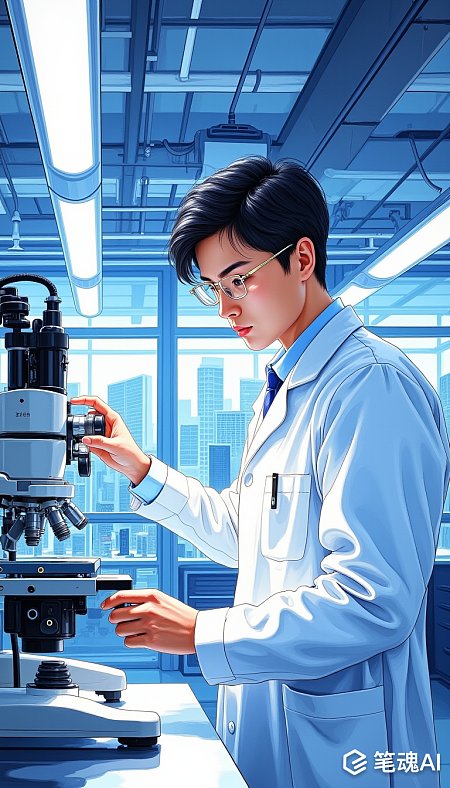 蓝色实验室明亮玻璃窗外高楼大厦科学家专注显微镜观察