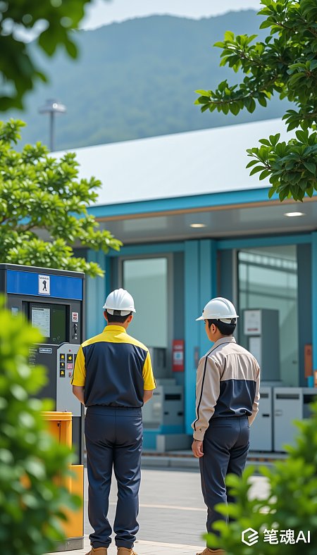 两名工人穿黄色和灰色制服站在蓝色建筑前