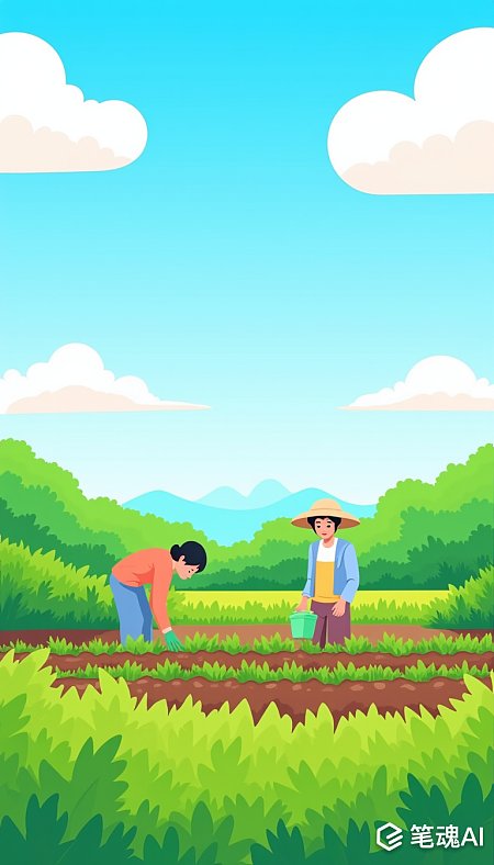 蓝天白云下绿树丛中两位农民在田间劳作卡通风格