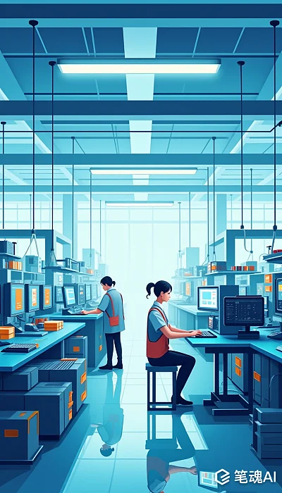 蓝色调的工厂内部工人操作电脑场景插画