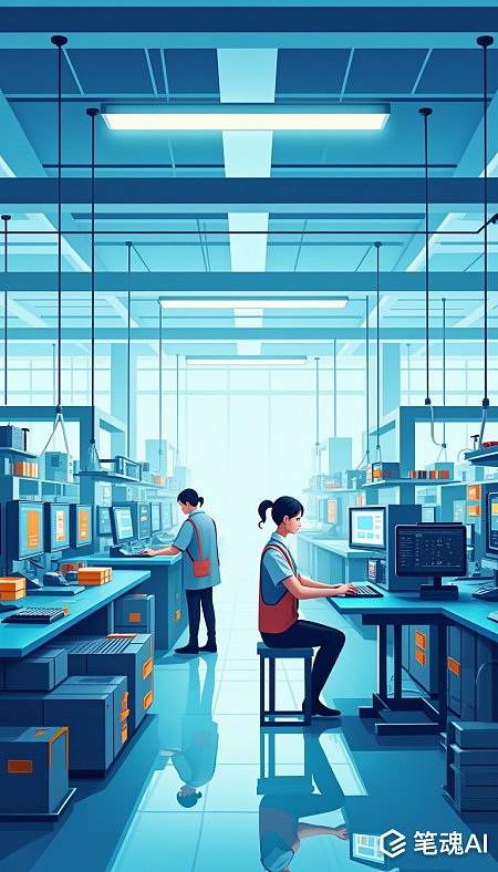 蓝色调的工厂内部工人操作电脑场景插画