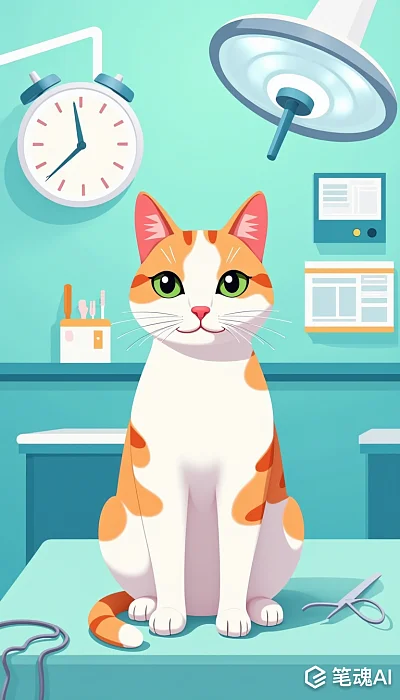 橙白相间的猫在蓝色背景的兽医诊所里坐着