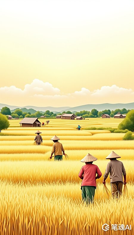 金色稻田中农民戴着斗笠收割景象宁静和谐