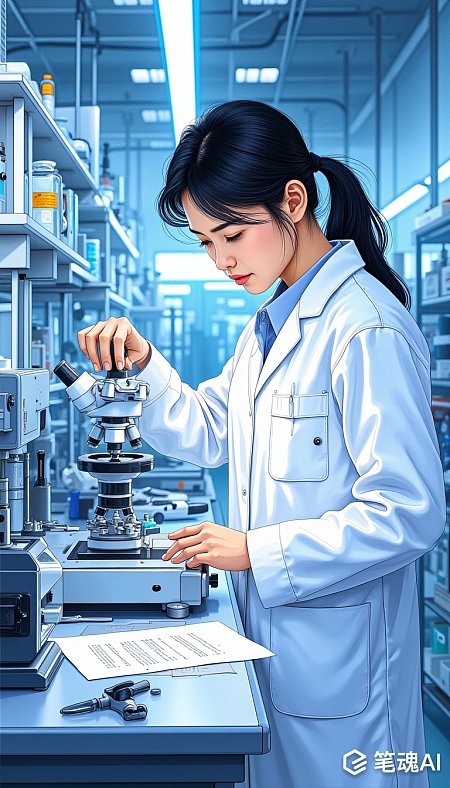 蓝色实验室中专注女性科学家操作显微镜