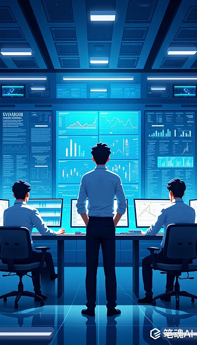蓝色科技感监控室多人操作屏幕图表数据分析