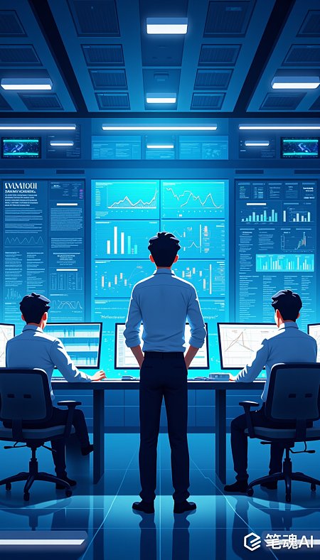 蓝色科技感监控室多人操作屏幕图表数据分析
