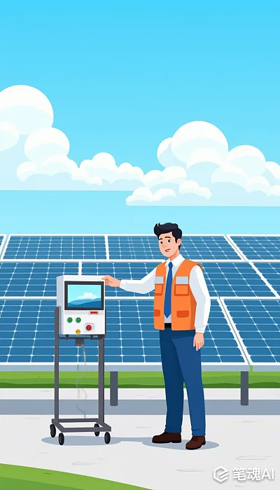 橙色背心工程师操作太阳能发电系统卡通画
