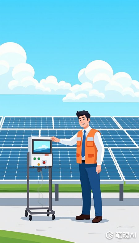 橙色背心工程师操作太阳能发电系统卡通画
