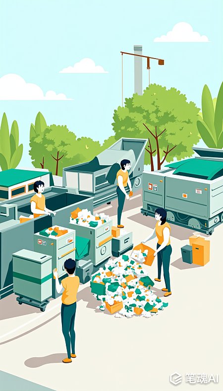 绿色背景下的垃圾分类工人忙碌场景卡通画