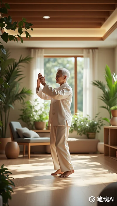 老人在阳光下练习太极白色衣服绿色植物温馨室内场景