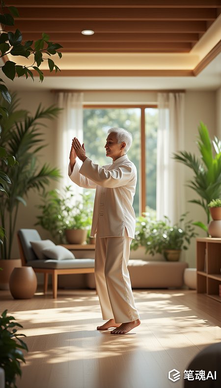 老人在阳光下练习太极白色衣服绿色植物温馨室内场景