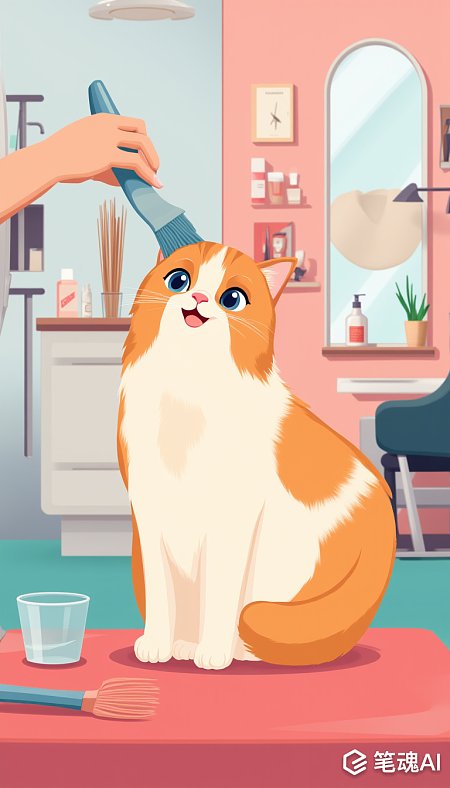 粉色背景卡通猫咪正在接受美容服务
