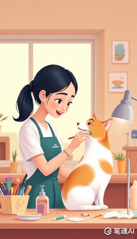 女孩给橙白相间的猫化妆室内温馨风格