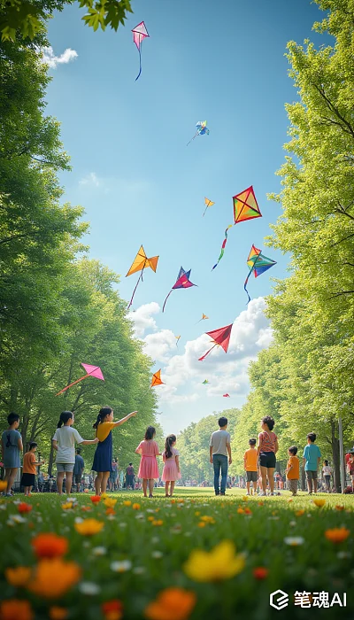 五彩斑斓的风筝在蓝天中飞舞，孩子们在绿树成荫的公园里欢笑