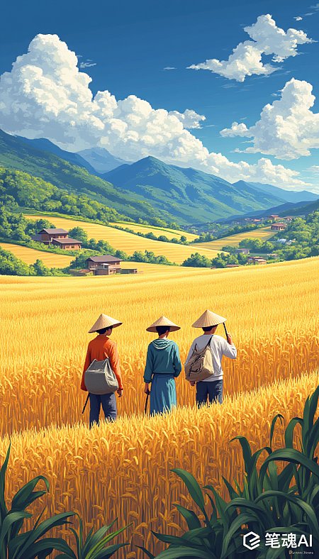 金色麦田中三人在蓝天白云下行走风景如画