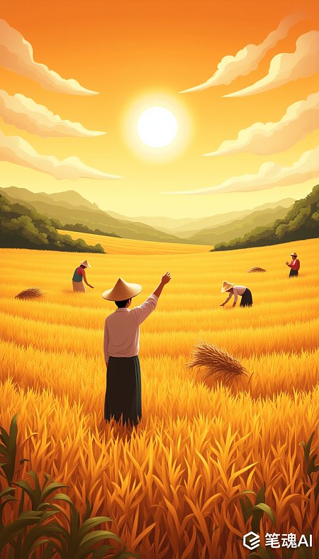 金色麦田夕阳下农民劳作图简约风格