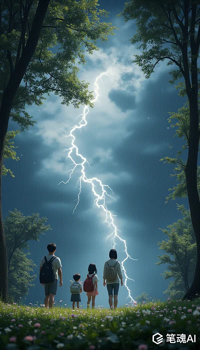 闪电划破蓝天绿树下的家庭背影宁静而神秘