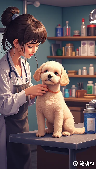 蓝色背景兽医室白色小狗与医生互动温馨插画