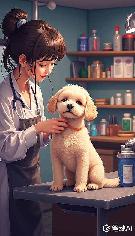 蓝色背景兽医室白色小狗与医生互动温馨插画