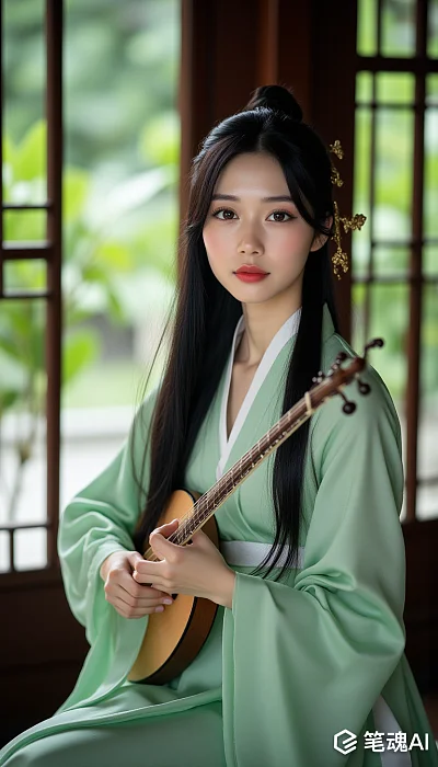 古典美女户外古琴演奏