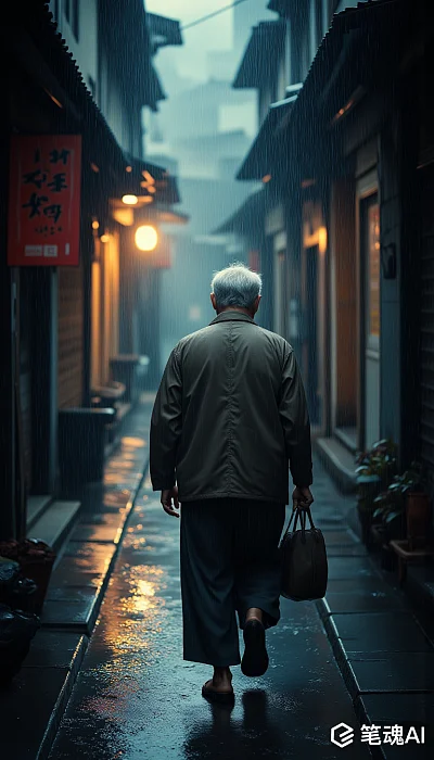 雨中老城区街道亚洲老人摄影